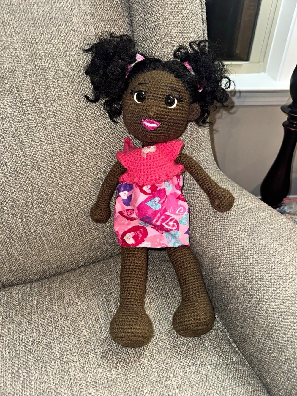 Handmade Crocheted Amigurumi Yarn Girl Rag & Cloth Doll African American 18in